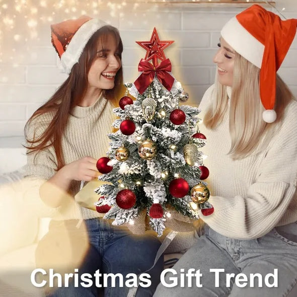 22in Tabletop Christmas Tree With Light Artificial Small Mini Red Christmas Decoration With Flocked Snow, Exquisite Decor & Xmas Ornaments For Table Top For Home & Office, Red